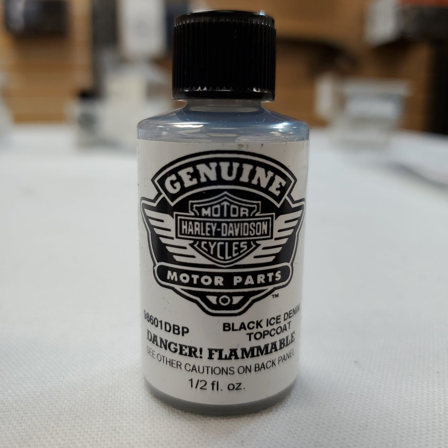 Genuine Harley-Davidson Touch up paint #98601DBP Kit includes Black Denim and Black Ice Denim TopCoat. 1/2 fl oz per bottle