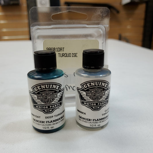 Genuine Harley-Davidson touch up paint  #98601DAT  Kit Includes Deep Turquoise color and clear topcoat  Color is used for 2009 model year.